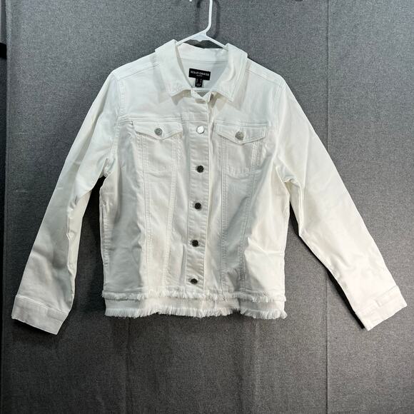 Susan Graver Stretch Denim Size M White Button-Front Frayed Jean Jacket - Picture 2 of 9